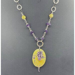 Purple Amethyst Green Atlantasite Pendant Beaded Necklace Silver Tone 19-22 In